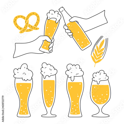 Set of beer elements in doodle style. Vector illustration. Linear collection of Glasses of beer, bottles of beer and beer snacks.