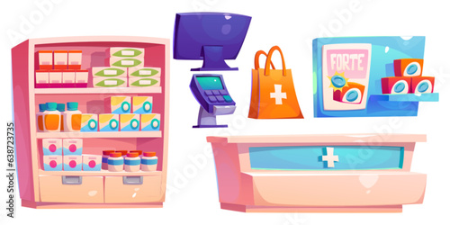 Pharmacy store furniture set vector illustration. Pharmacist counter, monitor, shelves with drug medicine and bag isolated clipart. Vitamin and antibiotic pharma design collection for healthcare point