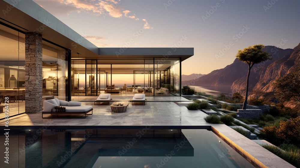Fototapeta premium Harmony of Design and Nature: Modern Luxury Glass Villa Nestled in the Mountains