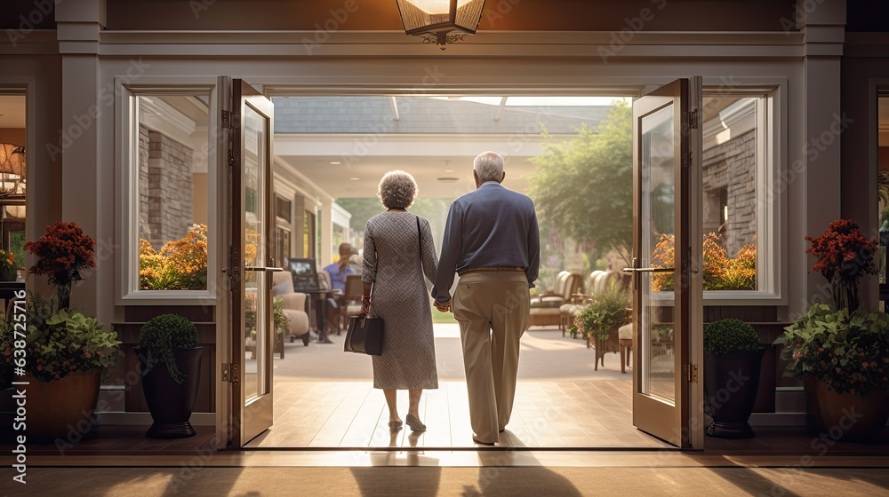 elderly couple walking through the doors of a retirement home (Generative AI)