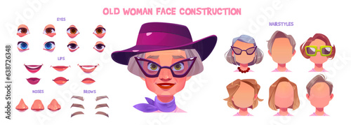 Old woman character face construction cartoon vector set isolated on white background. Female senior, grandmother head with hairstyle, eyes, lips, nose and brows elements set for elder person
