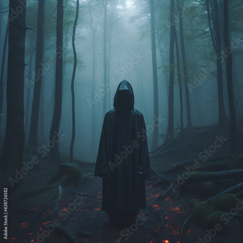 A Hooded Figure Standing in a Scary Forest
