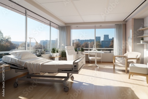 Hospital recovery room, bed on medical room generative with Ai.