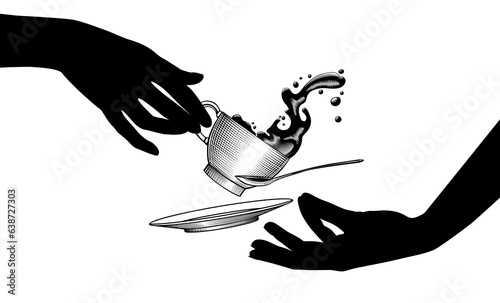 Black silhouettes of female hands with a flying coffee cup with splashed coffee or tea, a dish and a spoon isolated on white. Vintage engraving stylized 
drawing. Vector illustration
