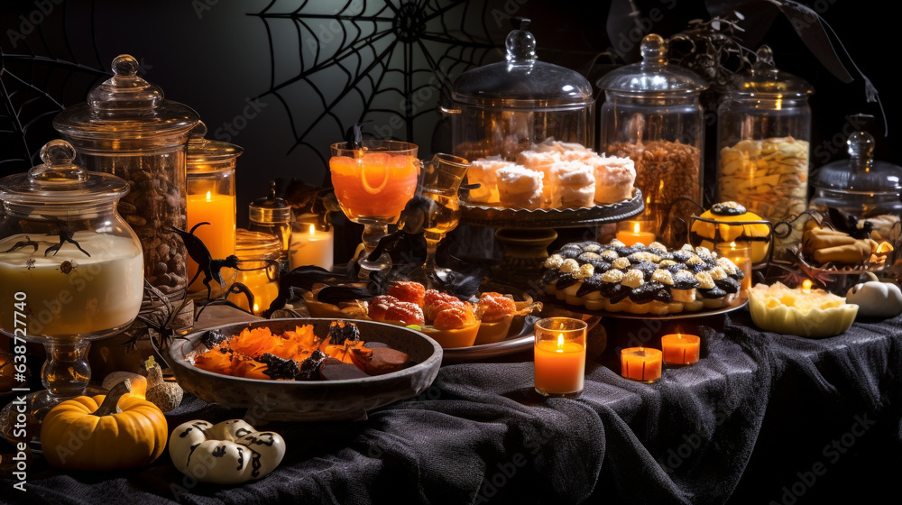 Halloween food table adorned with a variety of delectable treats and eerie decorations. The table is generously laid out with themed snacks such as pumpkin - shaped cookies, ghostly cupcakes