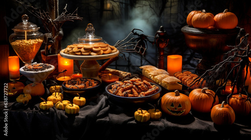 Halloween food table snacks such as pumpkin - shaped cookies, ghostly cupcakes © Jhati