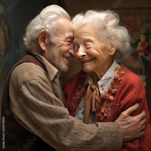 An elderly man hugs an elderly woman