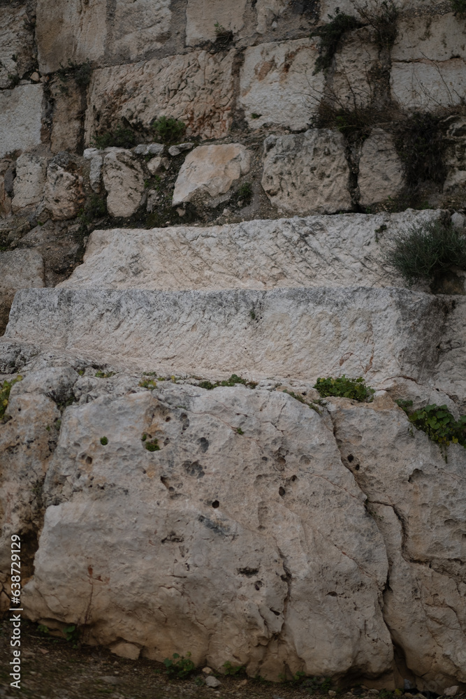 Closeups of old stones from Roman-era and earlier construction, reused in the Ottoman-era wall of the Old City of Jerusalem.