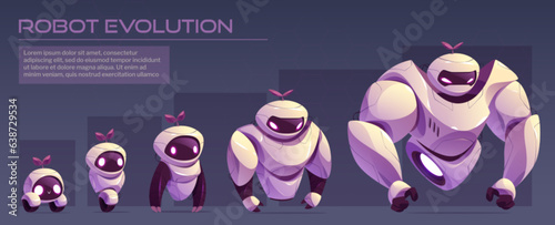 Humanoid robot evolution levels set. Vector cartoon illustration of futuristic ai character progress from wheeled mascot to strong machine with arms, led eyes on screen face. Modern tech progress