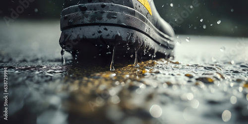 Close-up of a rubber boot walking on asphalt ground in the rain, in dark colors and water drops detail.