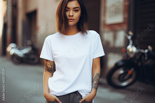young girl with tattoos wearing a white mockup t-shirt (Generative AI)