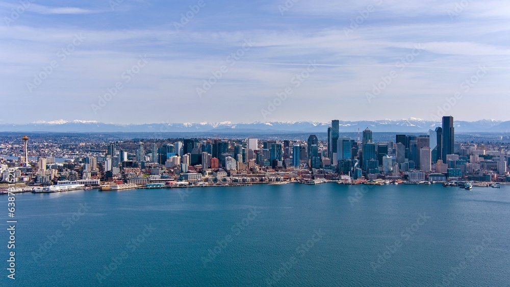 Aerial view of the Seattle skyline and Elliot Bay