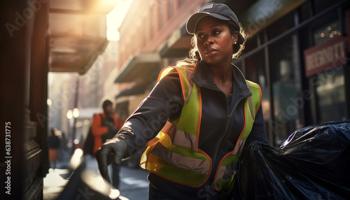 A black female sanitation worker collecting garbage in the city photo