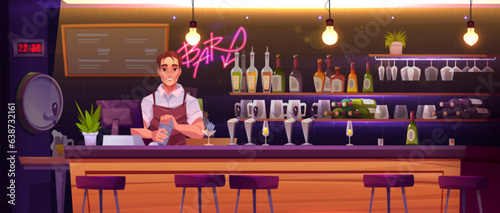 Pub or bar counter vector illustration background. Nightclub restaurant interior with stool, alcohol cocktail and barista man. Beer pump near neon signboard and male bartender. Party in night club