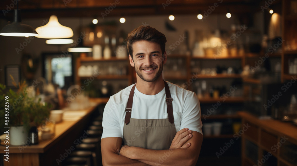 Waiter holds a tablet in a restaurant and smiles Waiter holds a tablet in a restaurant and smiles