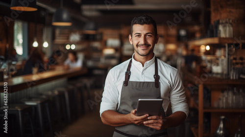 Waiter holds a tablet in a restaurant and smiles
