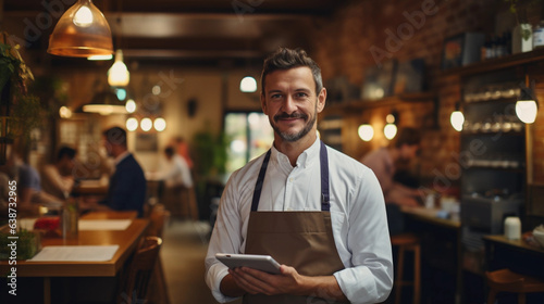 Waiter holds a tablet in a restaurant and smiles