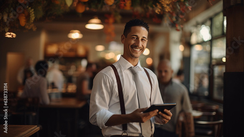 Waiter holds a tablet in a restaurant and smiles