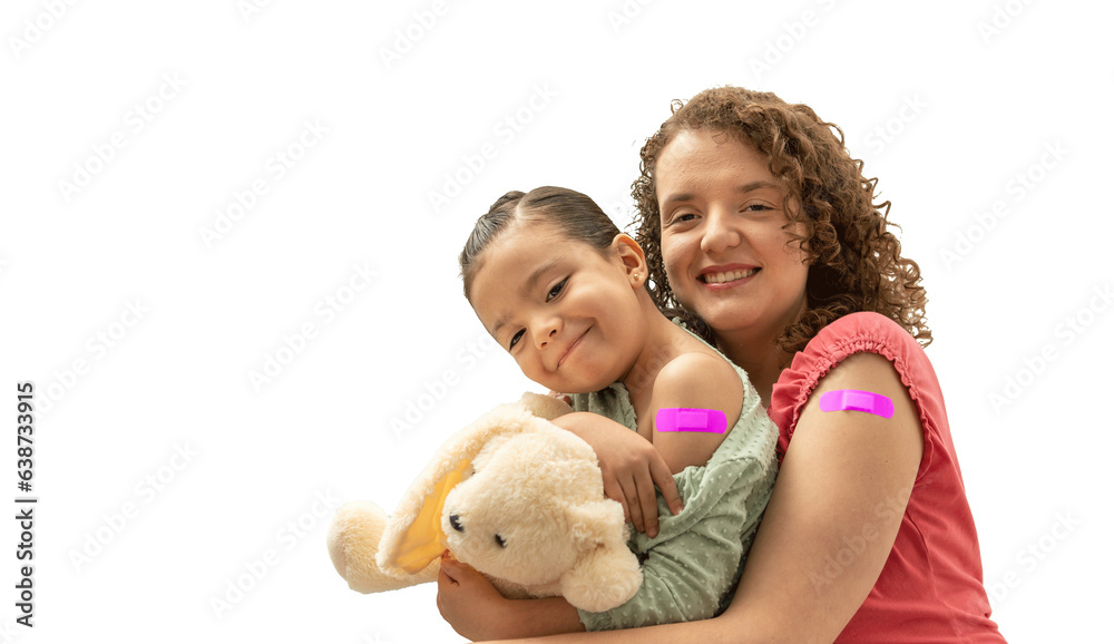 mother and daughter with pink band aid smiling after injection. happy mom and kid showing vaccine plaster bandage. hispanic woman and child looking to camera, png or isolated on a white background mother and daughter with pink band aid smiling after injection. happy mom and kid showing vaccine plaster bandage. hispanic woman and child looking to camera, png or isolated on a white background