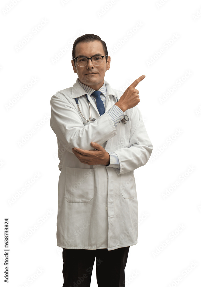 Hispanic doctor smiling with pointing up and side, isolated on a white background. promo banner add. Latin Pediatrician medicine professional cut out