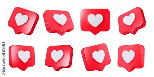 Set of Heart in red speech bubble icon on empty background background. Love like heart social media notification icon. Emoji, chat and Social Network, 3d illustration photo