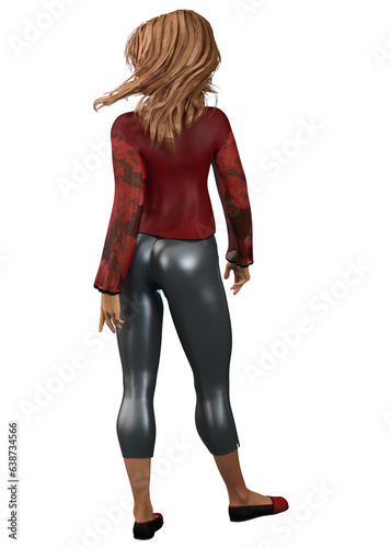 3D Render of Girl in red blouse and leather pants