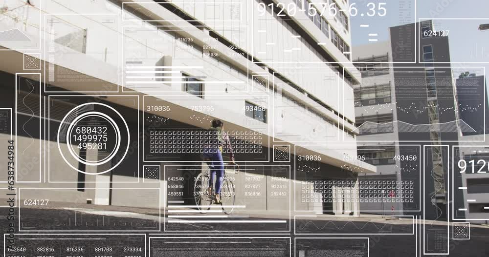 Animation of graphs, loading circles and bars, biracial woman riding bicycle on street in city Animation of graphs, loading circles and bars, biracial woman riding bicycle on street in city