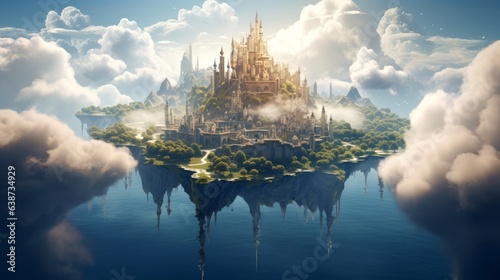 Floating islands with majestic castles amidst the clouds   generative ai © ArtisanSamurai