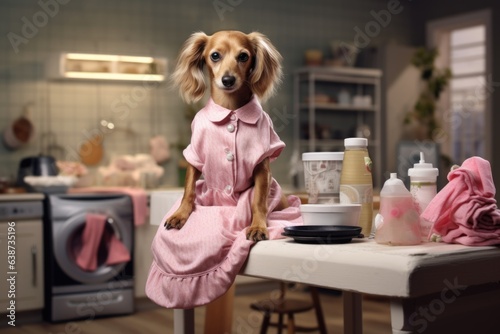 Tableau sur toile Funny dog wearing housewife clothes at home