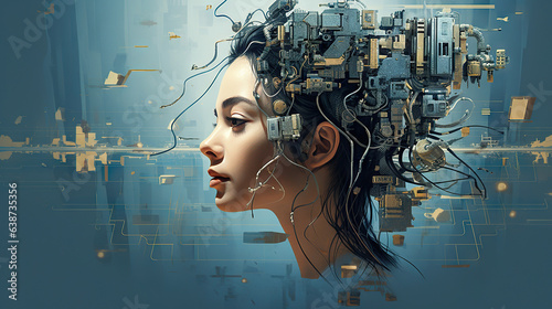 The young humanoid female head is connected to a super computer, symbolizing artificial intelligence. Futuristic illustration of the relationship between humans and neural networks. Copy space