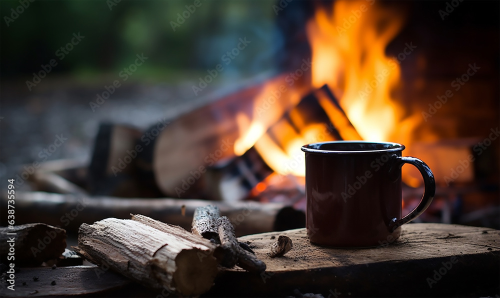 Enamel cup of hot steaming coffee sitting on an old log Enamel cup of hot steaming coffee sitting on an old log