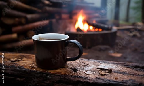 Enamel cup of hot steaming coffee sitting on an old log