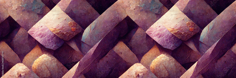 Beautiful abstract panoramic background. A colorful pattern of varied geometric shapes with a grainy texture in shades of burgundy and mauve. Wide background with seamless pattern. Generative AI. - obrazy, fototapety, plakaty 