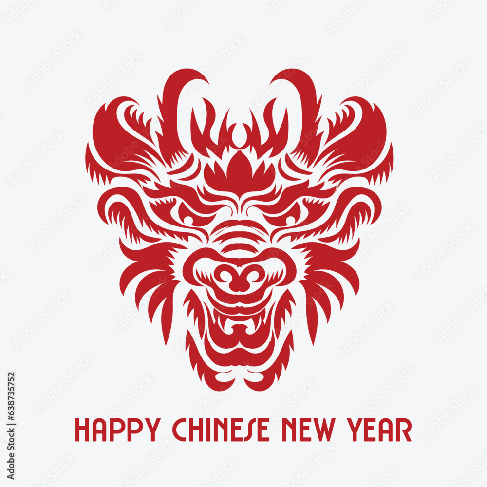 Fototapeta premium Chinese New Year 2024, the year of the Dragon, red and gold line art characters, simple hand-drawn Asian elements with craft (Chinese translation: Happy Chinese New Year 2024, year of the Dragon)