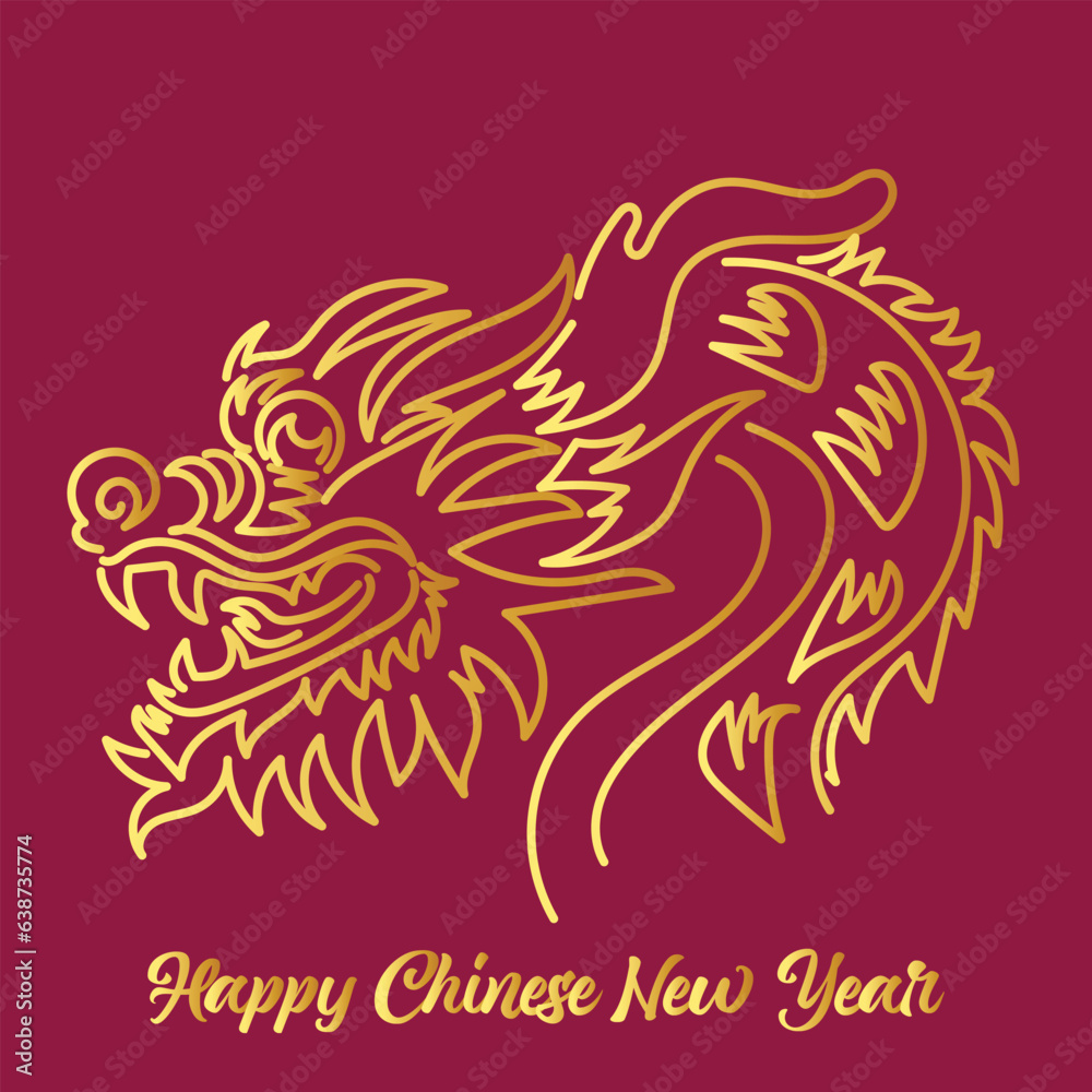 Fototapeta premium Chinese New Year 2024, the year of the Dragon, red and gold line art characters, simple hand-drawn Asian elements with craft (Chinese translation: Happy Chinese New Year 2024, year of the Dragon)
