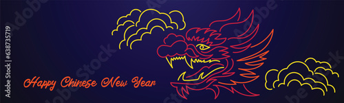 Chinese New Year 2024, the year of the Dragon, red and gold line art characters, simple hand-drawn Asian elements with craft (Chinese translation: Happy Chinese New Year 2024, year of the Dragon)