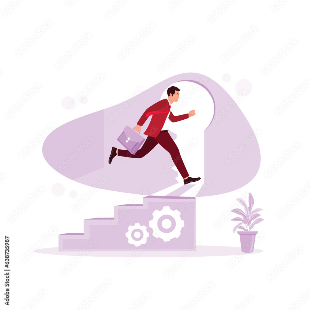 A successful businessman climbs a ladder with a door like a keyhole while running. The concept with a key to success illustration. Trend Modern vector flat illustration A successful businessman climbs a ladder with a door like a keyhole while running. The concept with a key to success illustration. Trend Modern vector flat illustration