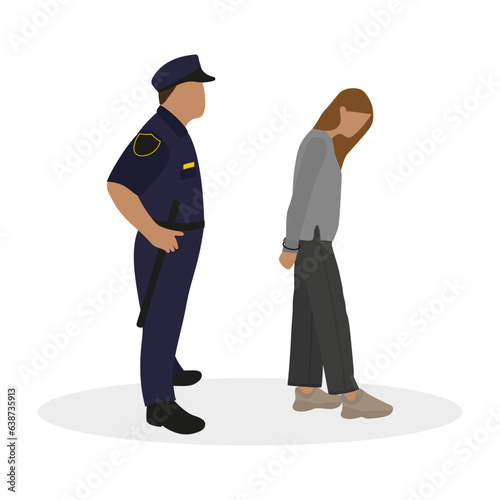 Policeman and female character in handcuffs on a white background