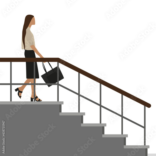 A young female character with a black bag in her hand going down the stairs