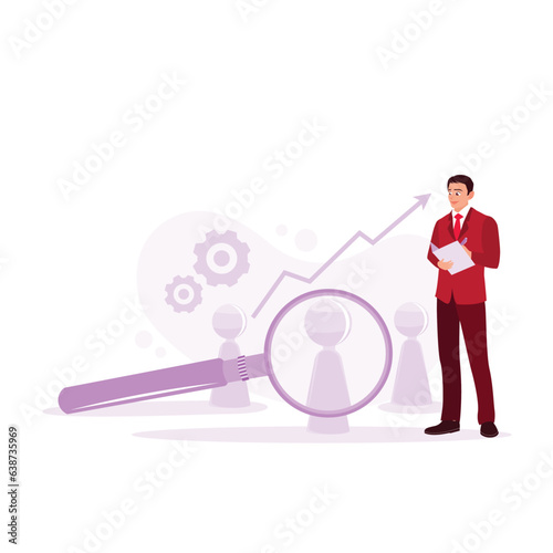 A man stands beside a wooden statue and magnifying glass, thinking of evidence and result. Search, find, report analysis, investigation concept. Trend Modern vector flat illustration