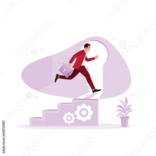 A successful businessman climbs a ladder with a door like a keyhole while running. The concept with a key to success illustration. Trend Modern vector flat illustration © berkah design
