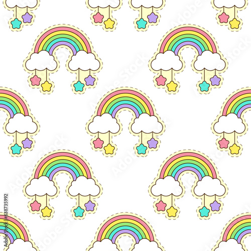Rainbows, clouds and stars. Vector seamless pattern with cute cartoon elements. Best for textile, wallpapers and nursery decoration.
