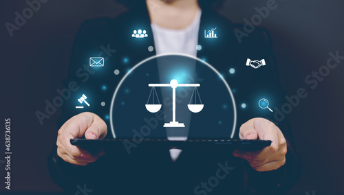 Internet law concept.Cyber Law as digital legal services Labor law, Lawyer, on Dark Blue blurred background.