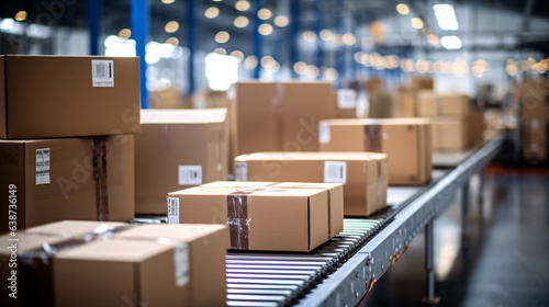 Closeup of multiple cardboard box packages seamlessly moving along a conveyor belt in a warehouse fulfillment center, a snapshot of e-commerce, delivery, automation, and products. Generative ai