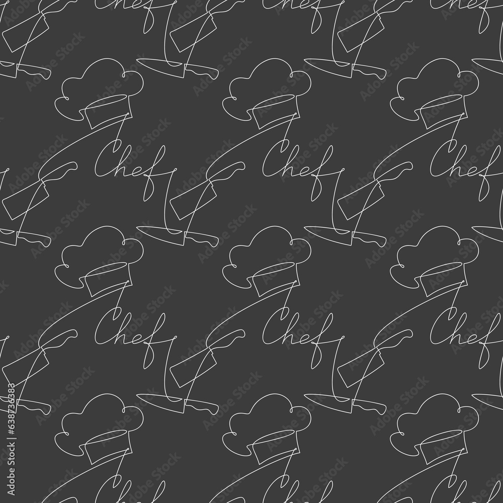 Chef knife, cleaver, hat seamless pattern vector. Line continuous