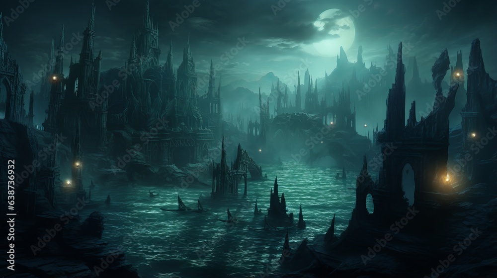 Sunken city's spires rising from the depths of the sea | generative ai