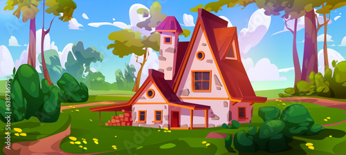 Cute house with wooden windows and doors on lawn with trees, bushes, green grass and flowers. Cartoon vector illustration of forest natural landscape with home or cottage over blue sky with clouds.