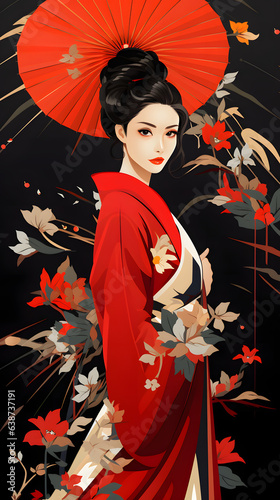 Lady with kimono, Japanese woman, beautiful girl in the red apparel