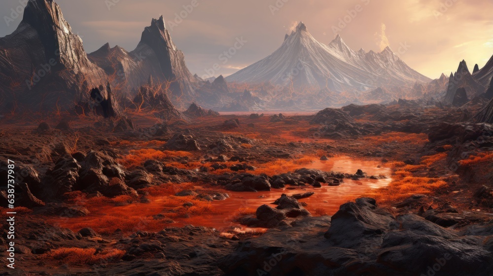 Fototapeta premium Volcanic landscape with lava rivers and obsidian spires | generative ai