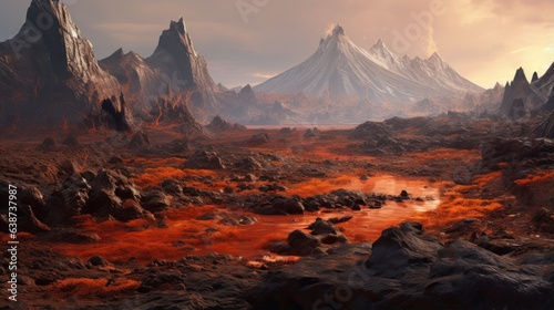Volcanic landscape with lava rivers and obsidian spires | generative ai